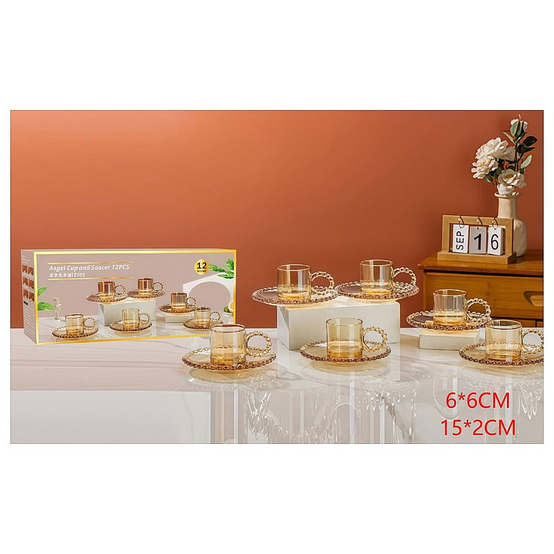 HG-KRG207 - JUEGO DE TAZAS CON PLATOS DE CRISTAL ÁMBAR (12/1)