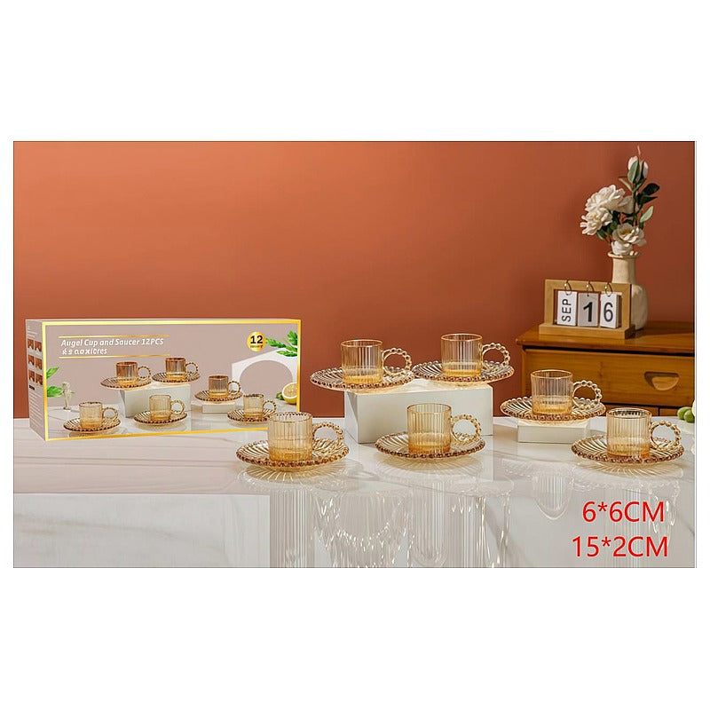 HG-KRG209 - JUEGO DE TAZAS Y PLATILLOS DE VIDRIO ÁMBAR (12/1)