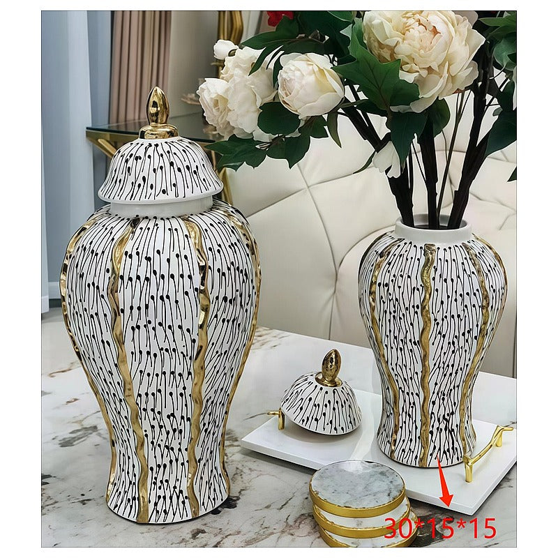 LT-AC395 - JARRÓN DECORATIVO CON TAPA BLANCO Y DORADO (12/1)