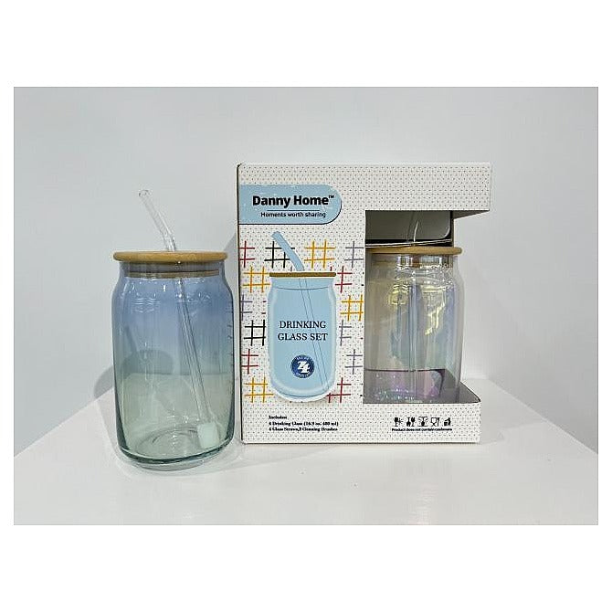 CBB-34A - SET DE VASOS DE VIDRIO CON TAPA Y POPOTE (5/1)