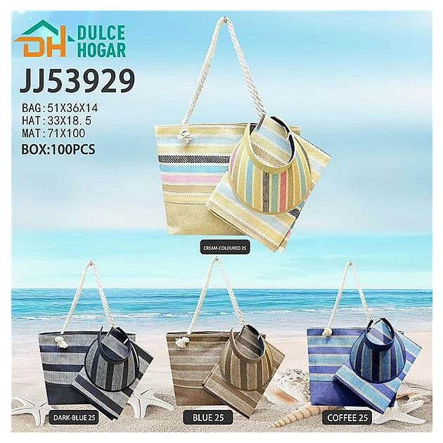 JJ53929 - SET DE BOLSO Y SOMBRERO PLAYERO A RAYAS (100/1)